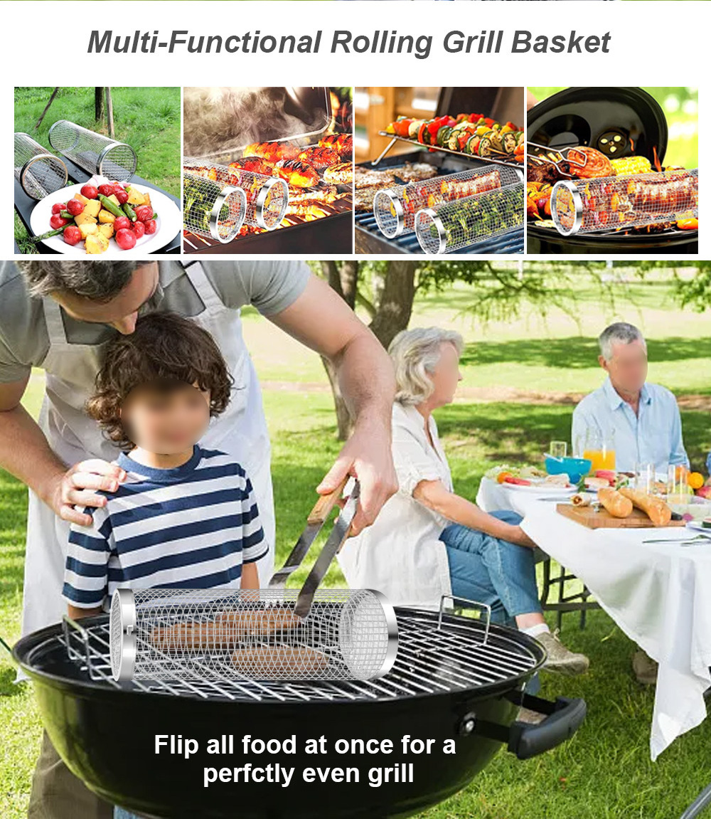 2024  Round Tube Cylinder Barbecue Barbeque BBQ Roller 304 Stainless Steel Wire Mesh Rolling Grilling Baskets for Outdoor