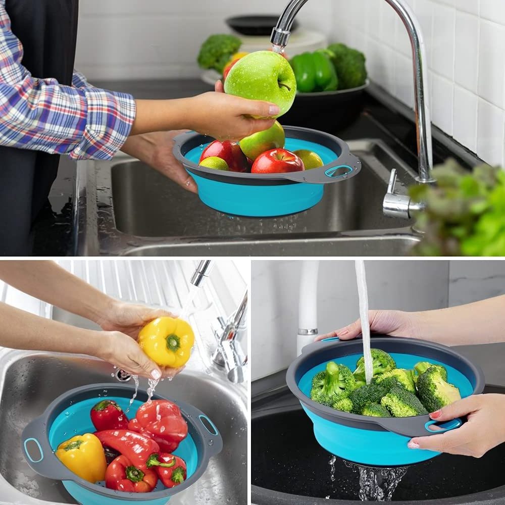 2Pcs/Set Silicone Collapsible Colander Strainer with Handle,Vegetable Fruit Washing Drain Basket