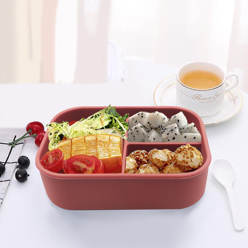 Heat Resistant Easy to Clean Lunch Box 3 Cavities Bento Lunch Box Food Storage Box for Kitchen Food Grade Silicone