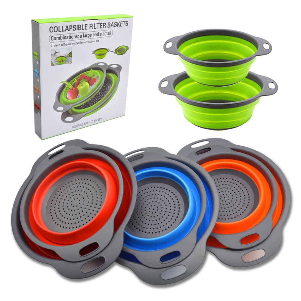 2Pcs/Set Silicone Collapsible Colander Strainer with Handle,Vegetable Fruit Washing Drain Basket