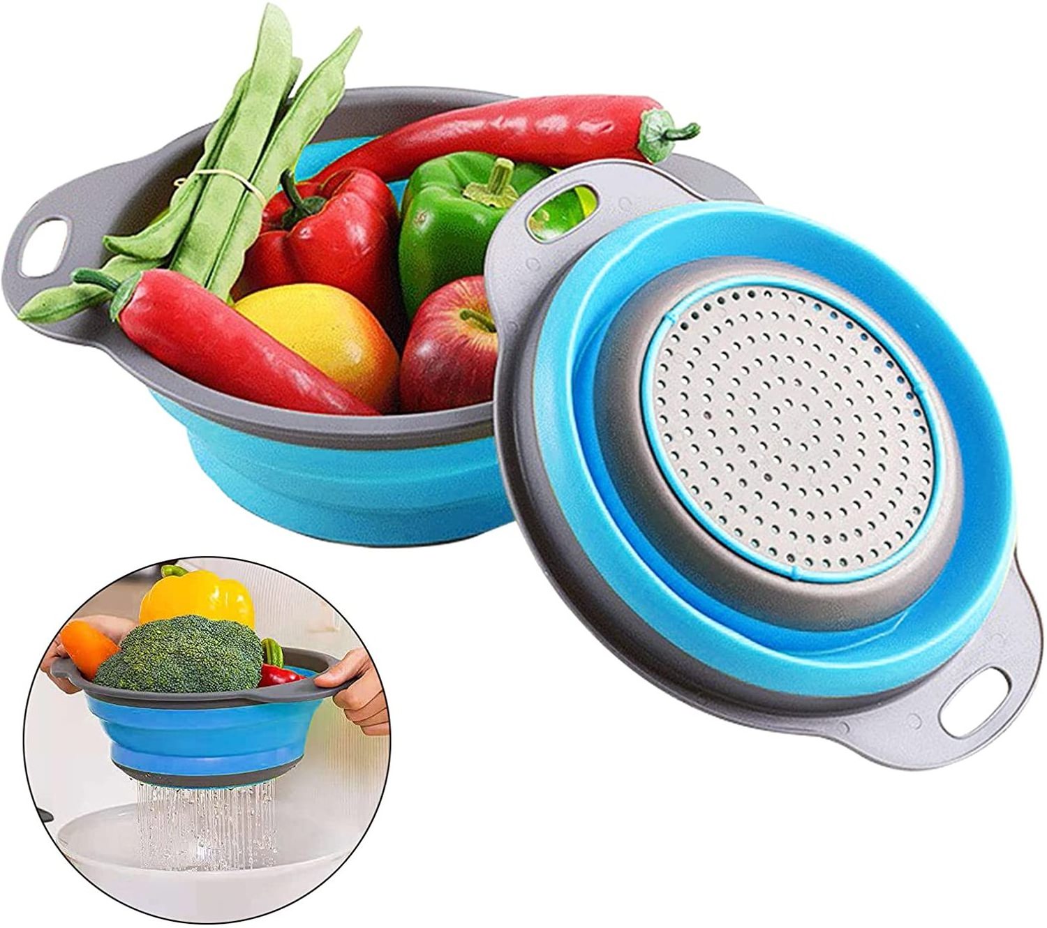 2Pcs/Set Silicone Collapsible Colander Strainer with Handle,Vegetable Fruit Washing Drain Basket