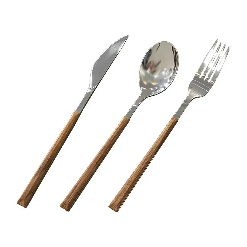 Modern Stainless Steel Spoon Fork Knife Restaurant Dinner Silverware Flatware Cutlery Set With Woden Handle