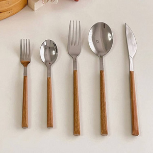 Modern Stainless Steel Spoon Fork Knife Restaurant Dinner Silverware Flatware Cutlery Set With Woden Handle