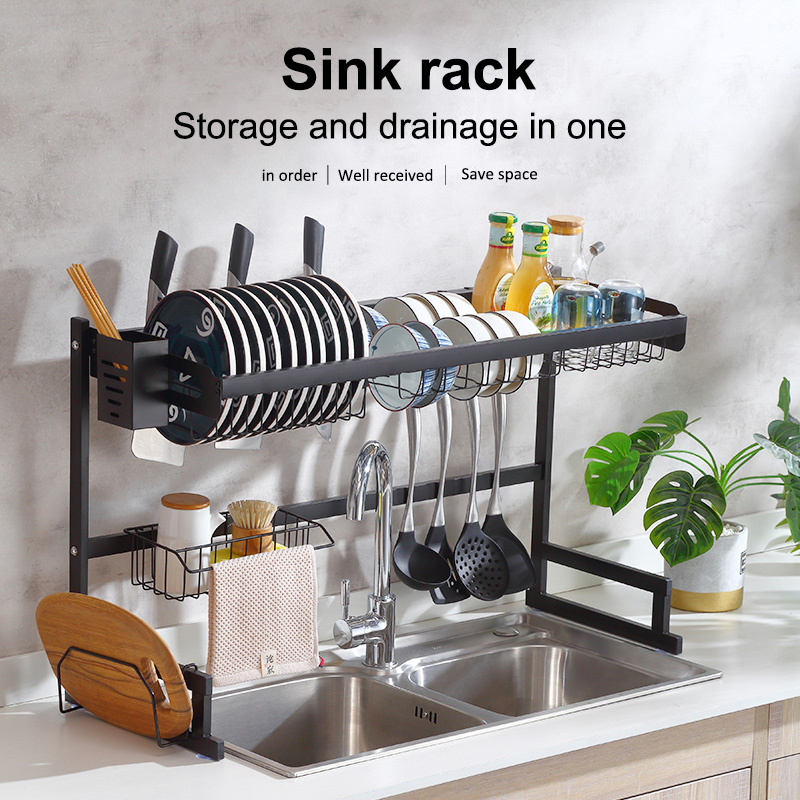 Adjustable 2 Tier Stainless Steel Metal Kitchen Storage Organizer Shelf Over The Sink Dish Drainer Drying Rack