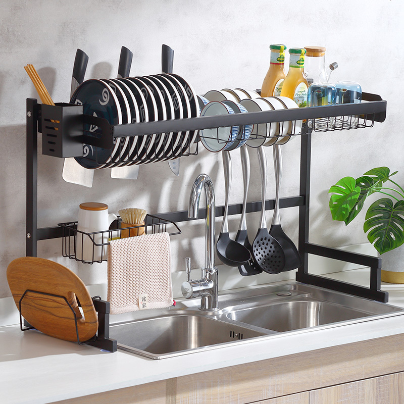 Adjustable 2 Tier Stainless Steel Metal Kitchen Storage Organizer Shelf Over The Sink Dish Drainer Drying Rack