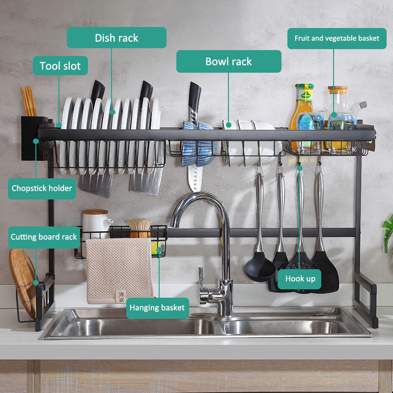 Adjustable 2 Tier Stainless Steel Metal Kitchen Storage Organizer Shelf Over The Sink Dish Drainer Drying Rack