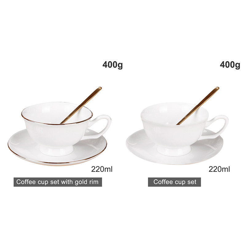 Ceramic supplier bulk custom logo minimalist pure white gold rim bone china tea coffee cup and saucer set for afternoon tea