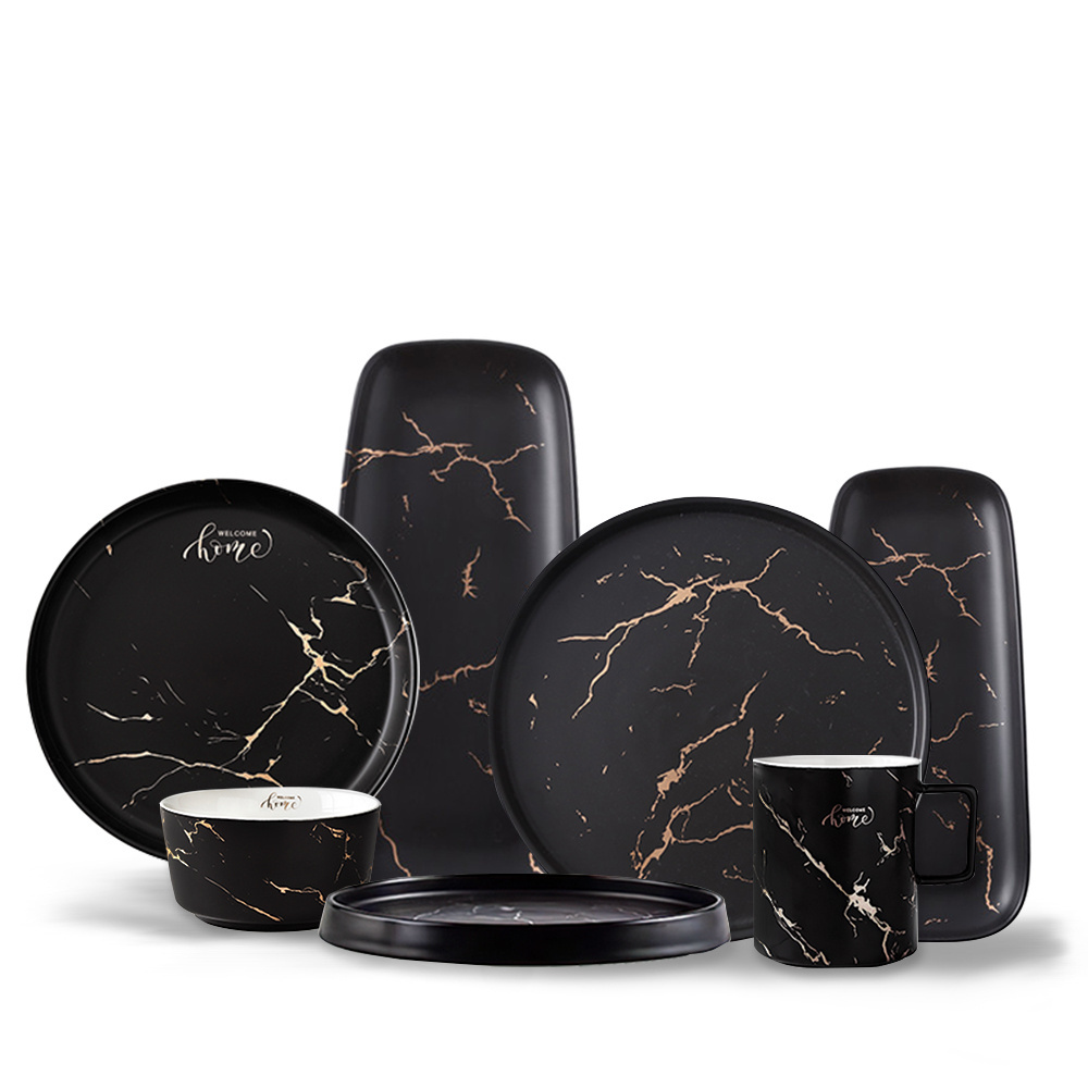 Hot Selling Bulk Cargo Stoneware Dishes Plates Black Marble Plate Ceramic Dinner Plates