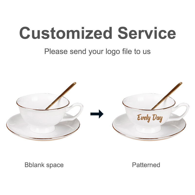 Ceramic supplier bulk custom logo minimalist pure white gold rim bone china tea coffee cup and saucer set for afternoon tea