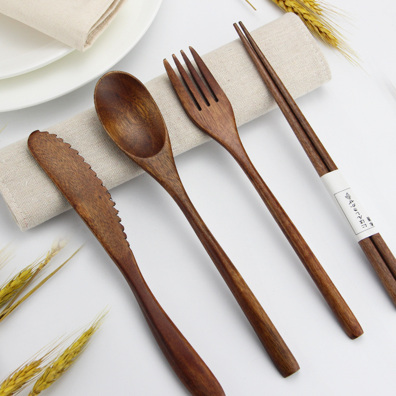 Reusable eco friendly wooden wholesale travel spoon forks chopsticks and knives cutlery set