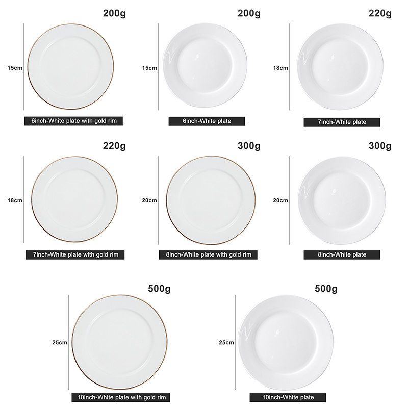 Customizable Decal Designs White and gold charger plates Round High Quality Bone China Flat Plate with Gold Rim for restaurant