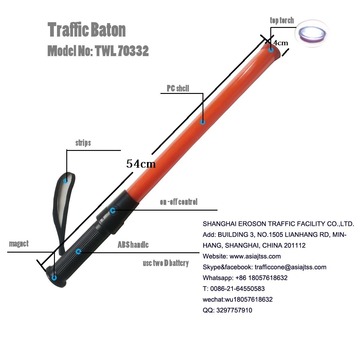 Factory Price  54cm Traffic Baton Road Safety Control Led Flashlight Wand with top torch and magnet in red color