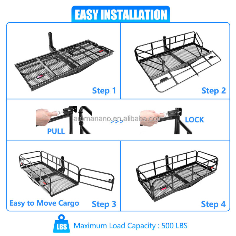 Folding Rear Luggage Rack Basket Stabilizer Waterproof Bag Net Ratchet Straps Lock 500 Lbs Heavy Duty Hitch Mount Cargo Carrier