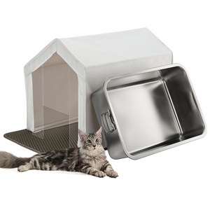 Large Metal Litter Box with Enclosure Tent Easy Cleann Stainless Steel Cat Litter Box  with Enclosure Tent,Cat Litter Mat&Scoop