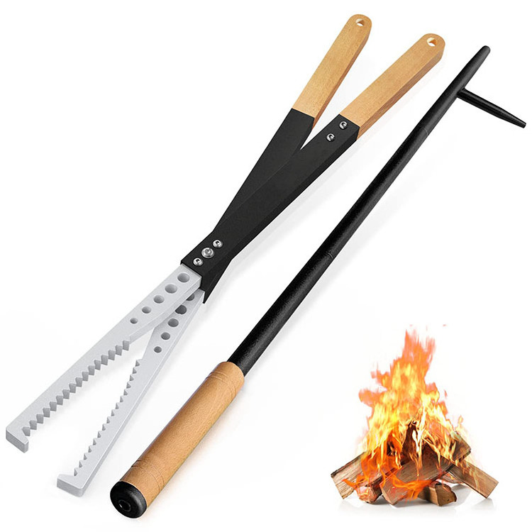 Heavy Duty Fire Tong and Fire Poker Set with Wood Insulation Handle Fireplace Poker Grabber with Blow Fire Tong Log Grabber