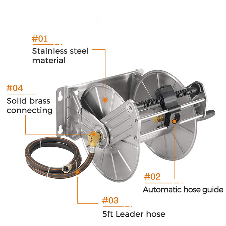 Stainless Steel Garden Hose Reel Heavy Duty, Wall/Floor Mounted Metal Water Hose Reel Retractable with Crank Garden Hose Holder