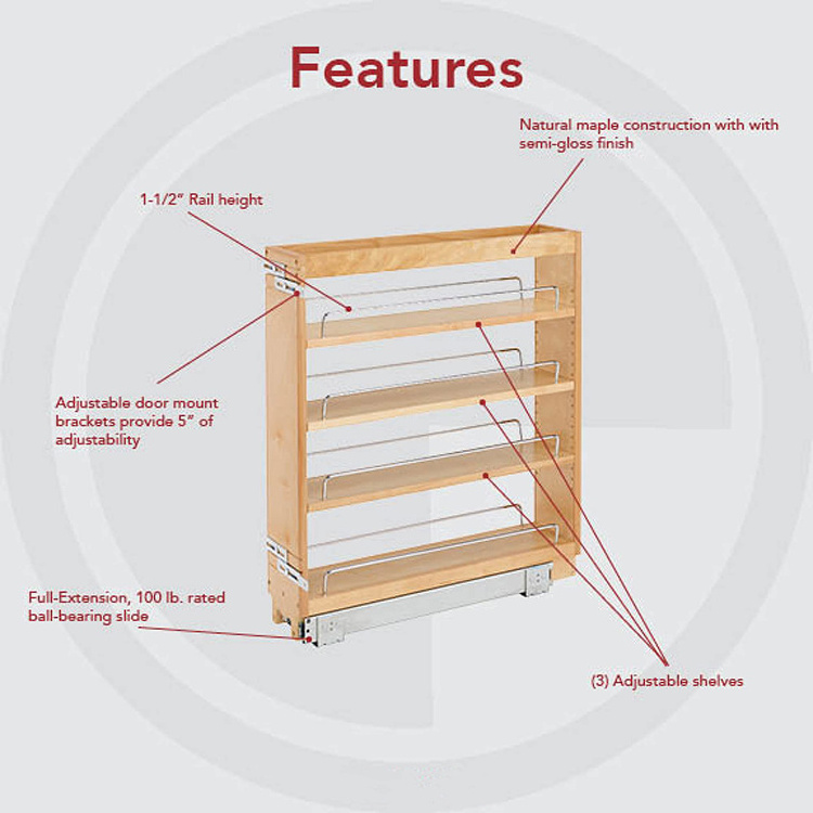 AromaNano Spice Rack 5 Inch 3 Adjustable Sliding Wood Shelves Side Mounted Pull Out Kitchen Cabinet Storage Organizer