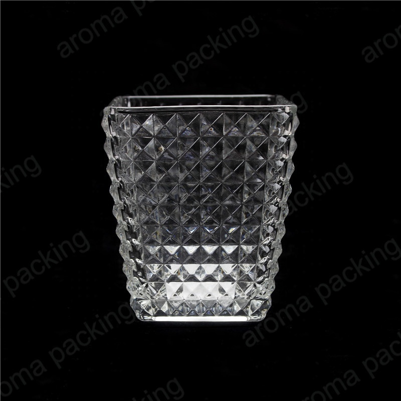 Square Cube Glass Candle Holder Empty Embossed Glass Candle Jar With Lid Votive Candle jar for Decoration