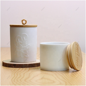 Matte White Embossed Logo Ceramic Candle Container Porcelain Ceramic Candle Holders Lanterns and Candle Jars With Lid