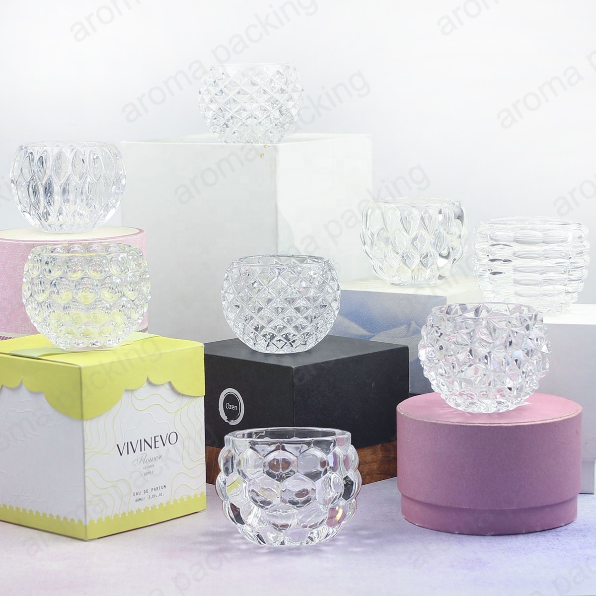 China Customized Glass Round Bowl Shaped Geo Cut Tealight Candle Holder Votive Cups Wholesale