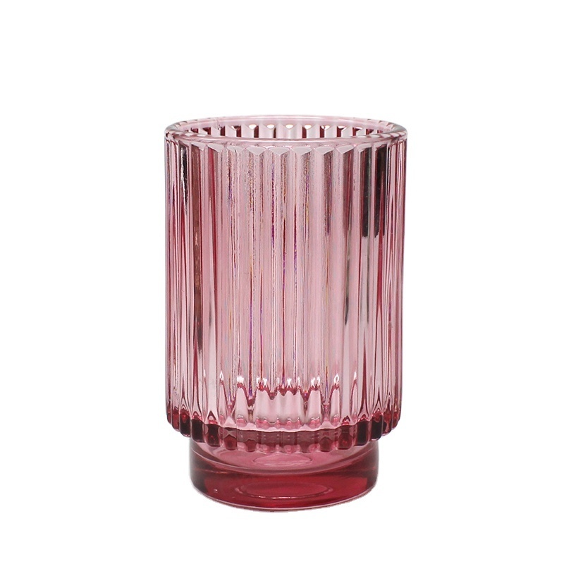 Factory Wholesale Colored Pink Cylinder Scented Wax Vertical Stripe Glass Votive Holder Nordic Ribbed Candle Jar for Tealight