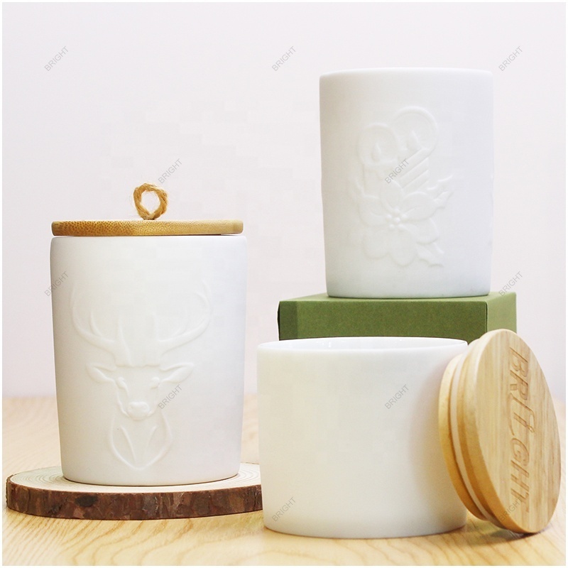 Matte White Embossed Logo Ceramic Candle Container Porcelain Ceramic Candle Holders Lanterns and Candle Jars With Lid