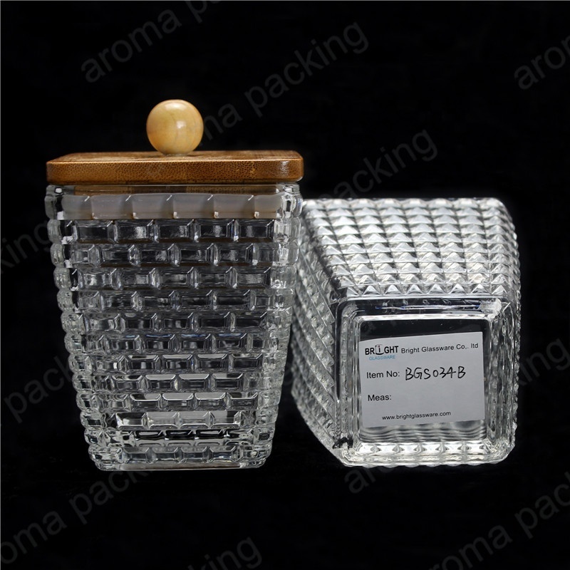 Square Cube Glass Candle Holder Empty Embossed Glass Candle Jar With Lid Votive Candle jar for Decoration