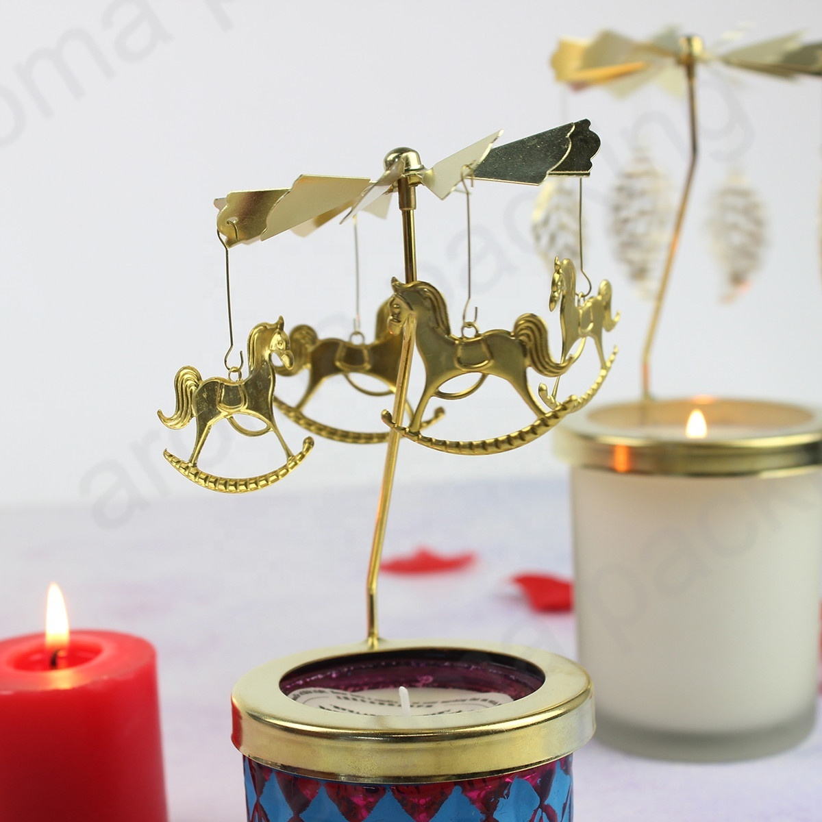 China Factory supplier leaf style carousel spinning metal tealight candle holder for home table decoration