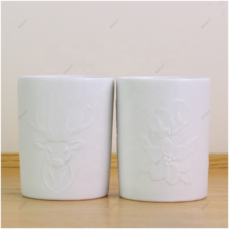 Matte White Embossed Logo Ceramic Candle Container Porcelain Ceramic Candle Holders Lanterns and Candle Jars With Lid