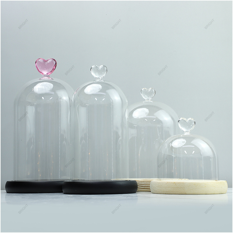 Glass Luxury Dome with Wooden Base Heart Shape Top Customized Size Wholesale Candle Jar