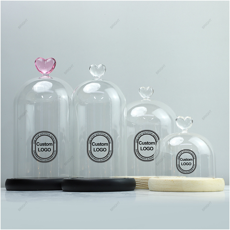 Glass Luxury Dome with Wooden Base Heart Shape Top Customized Size Wholesale Candle Jar