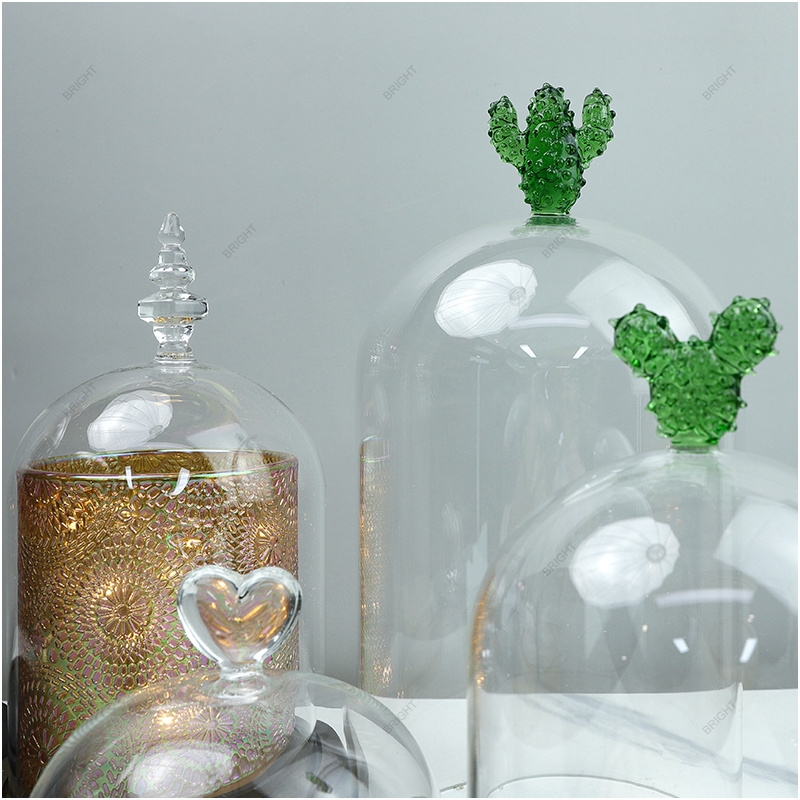 Glass Luxury Dome with Wooden Base Heart Shape Top Customized Size Wholesale Candle Jar