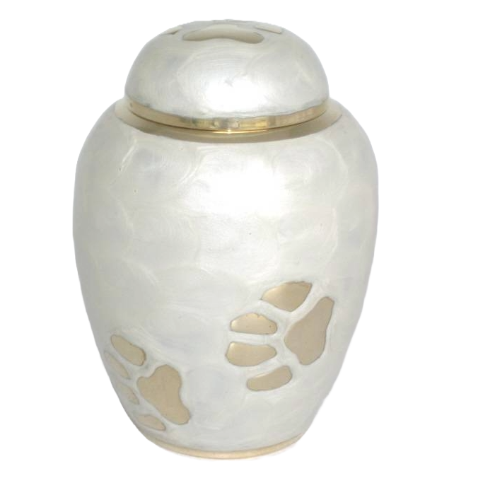 White Color Dom Top Pet Cremation Urn With Black Paw Design Premium Funeral Supplies Keepsake Pet Memorial Urn