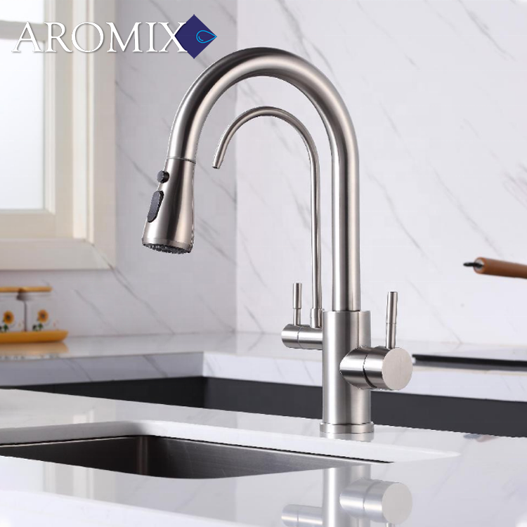 High Quality SS 304 Three Way 3 in 1 Pull Down Kitchen Sink Mixer Drinking Water Filter Faucet with Water Purification Tap