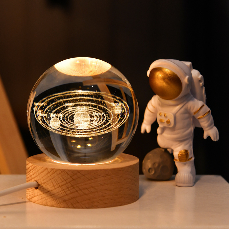 60mm Glass Solar System Planet Sphere 3D Laser Engraved Galaxy Crystal Ball With Wood LED Light Night Lamp For Home Decor