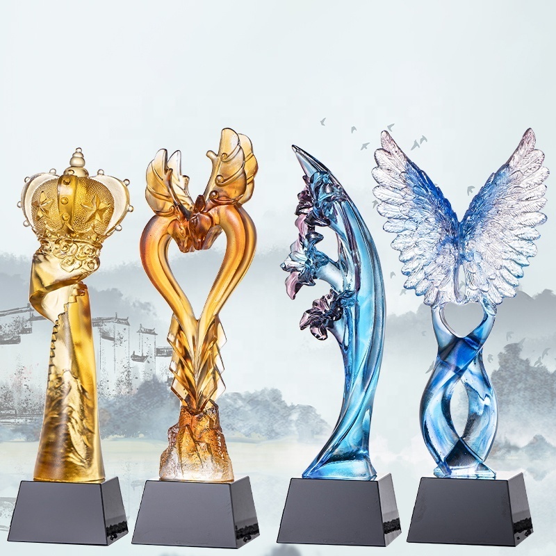 Factory Wholesale Custom Sublimation Black Crystal Base Coloured Glaze Glass Crystal Award Crystal Trophy For Promotion Gifts