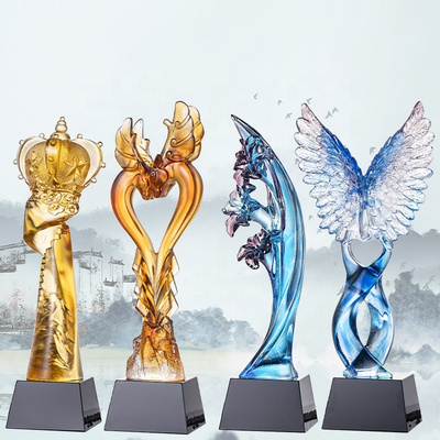 Factory Wholesale Custom Sublimation Black Crystal Base Coloured Glaze Glass Crystal Award Crystal Trophy For Promotion Gifts