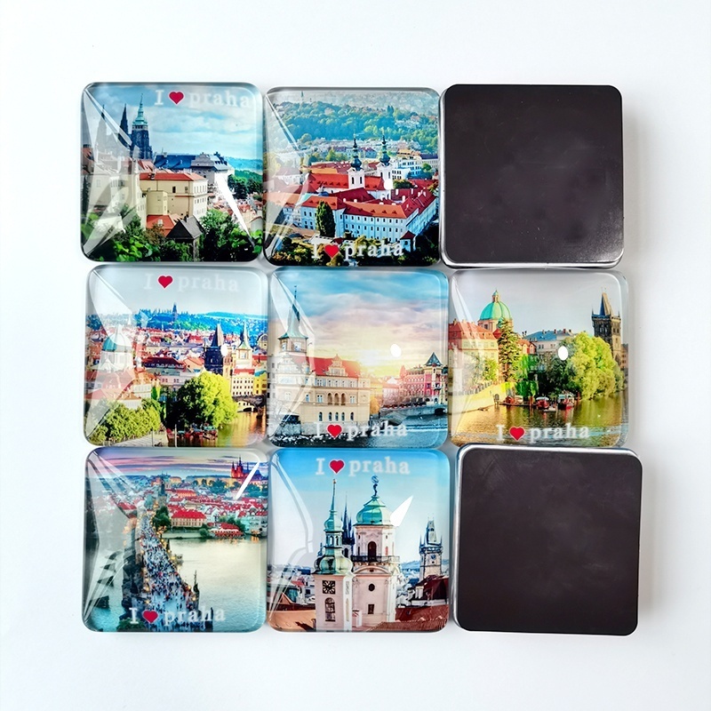 High Quality Sublimation Commemorative Civic Landscape Square Crystal Glass Rubber Fridge Country Magnet Fridge Tourist Souvenir