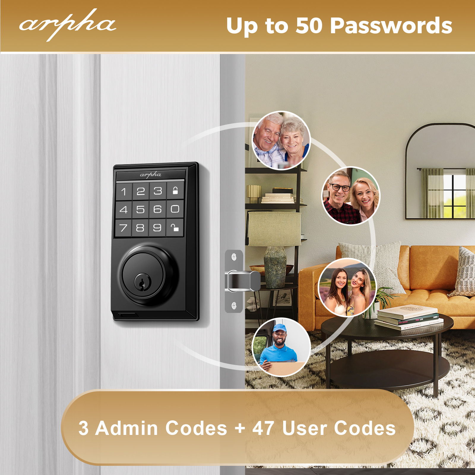 Arpha D100 US Standard Waterproof  Deadbolt Password/Key Unlock Silent Mortise Optional  Smart Lock