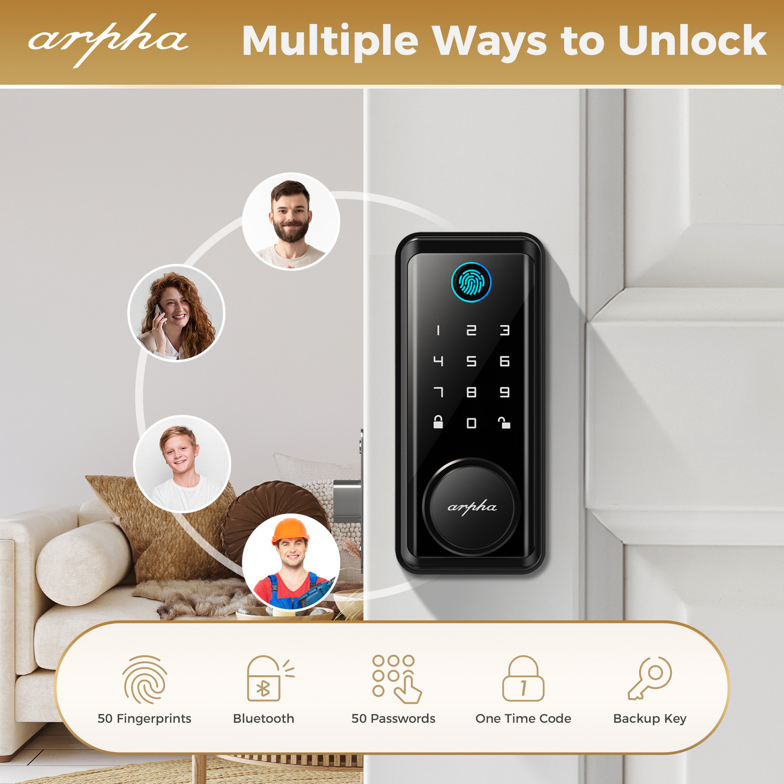 Arpha D601 Deadbolt Keyless Us Standard Smart Lock Door Wi-Fi Waterproof Biometric Fingerprint Lock