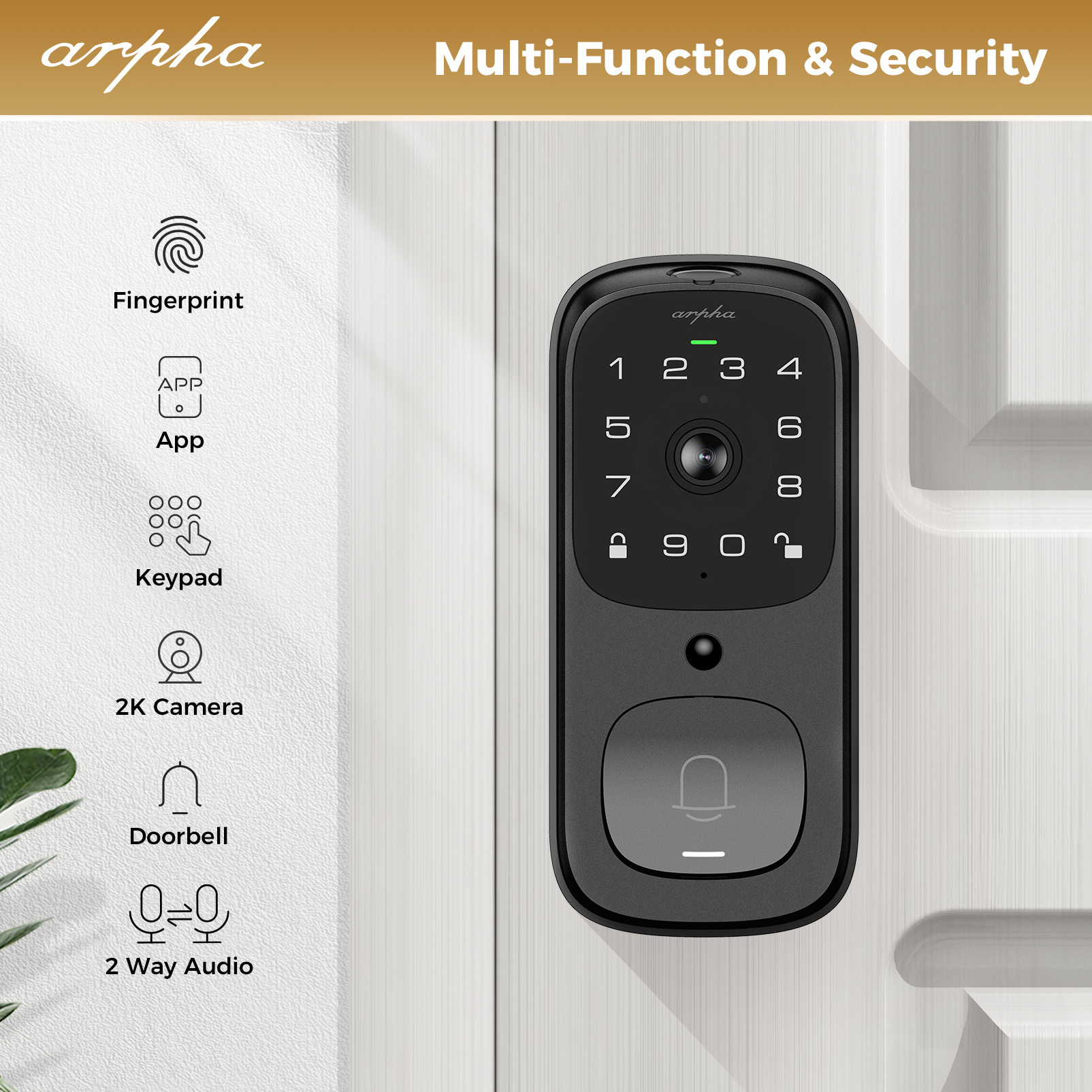 Arpha AL501 Video Smart Door Lock Deadbolt 2K Camera 180 Degree Viewing Angle Tuya WiFi Door Bell