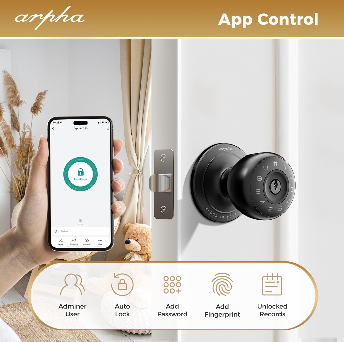 Arpha D260 Security Knob Lock Indoor Smart Door Lock Tuya App Digital Brand Smart Lock