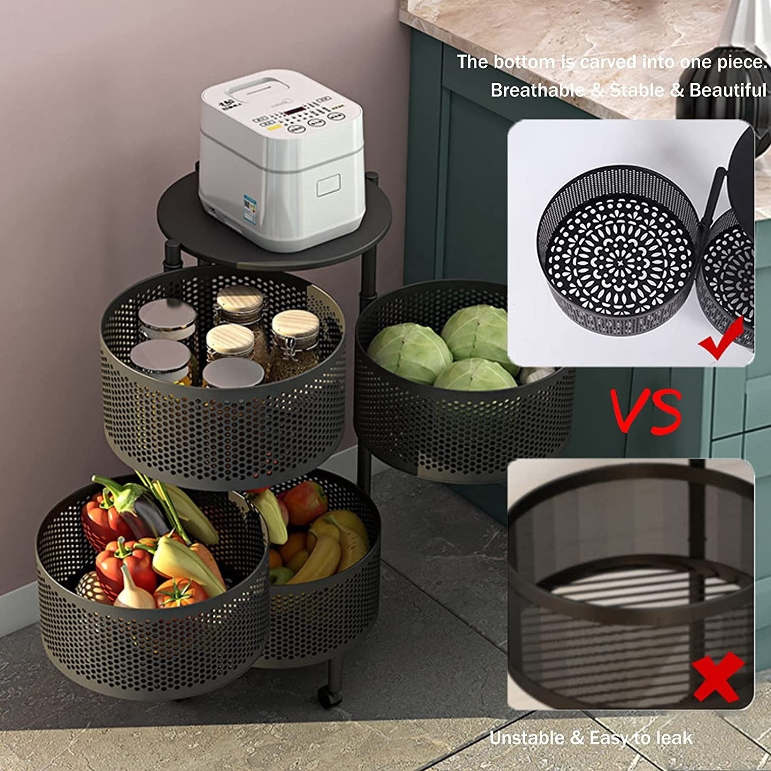 Good Quality Round Shape Fruit And Vegetable Storage Rotating Kitchen Metal Vegetable Storage Basket