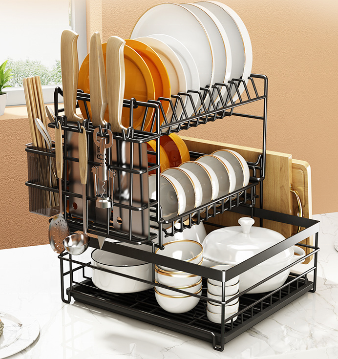 Hot Sale 2 and 3 Tier Dish Rack With Drain Pan Metal Kitchen Storage Rack Wire Kitchen Organizer for Home Use