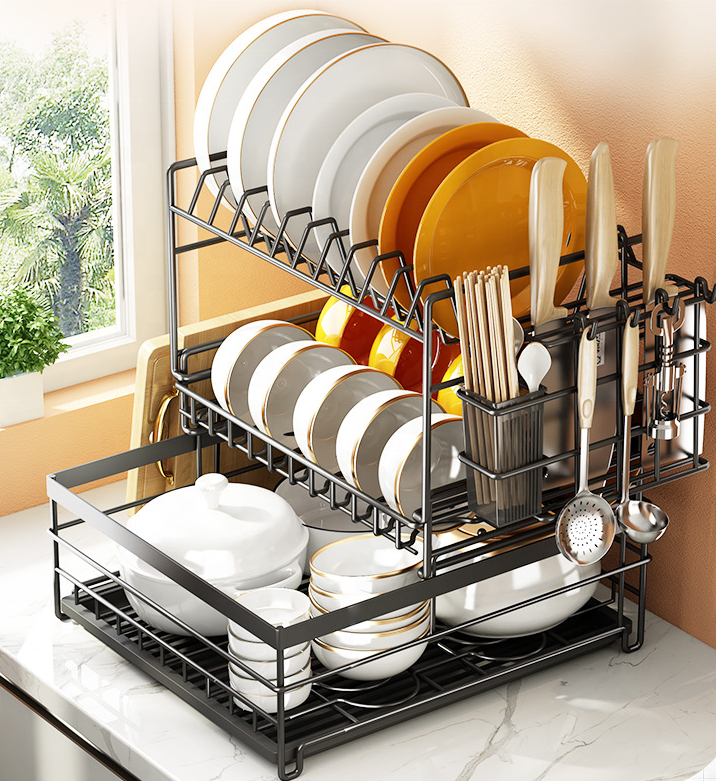 Hot Sale 2 and 3 Tier Dish Rack With Drain Pan Metal Kitchen Storage Rack Wire Kitchen Organizer for Home Use