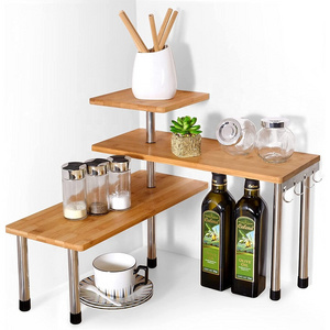 3 Tier Bamboo And Metal Living Room Plant Stand Kitchen Spice Bathroom Adjustable Corner Shelf