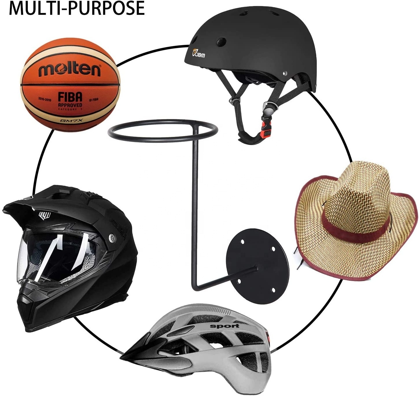 Hot Sell Wall Mount Metal Stand Hanger Hook Ball Holder for Storage Bike Helmet Display Rack& Hanging Hats/Wig