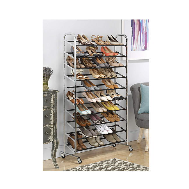 Free Standing 10 Tiers Floor Rolling Morden Shoe Rack Metal Chrome Shoes Store Standing For Home Use