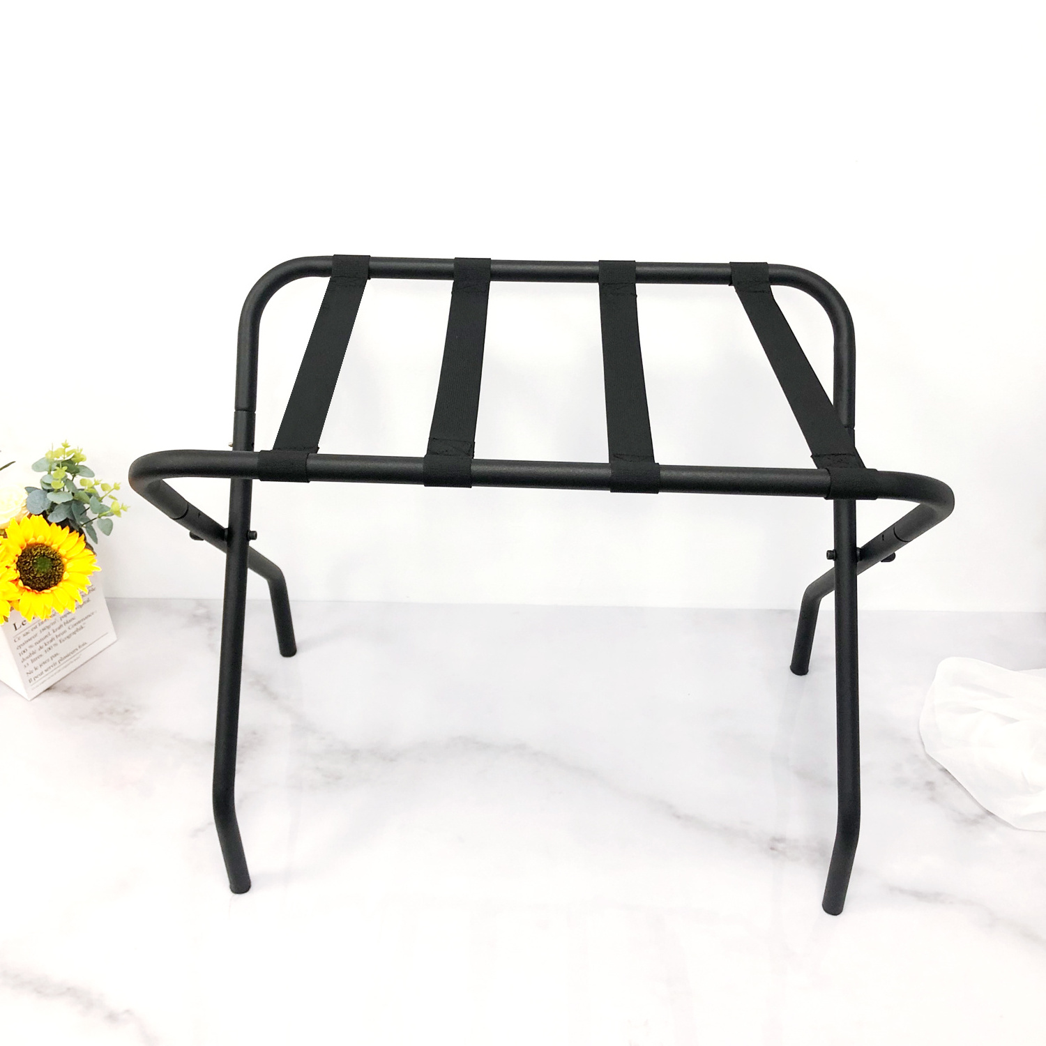 High Loading Capacity Folding Suitcase Baggage Stand with 4 Nylon Straps Hotel Metal Luggage Rack