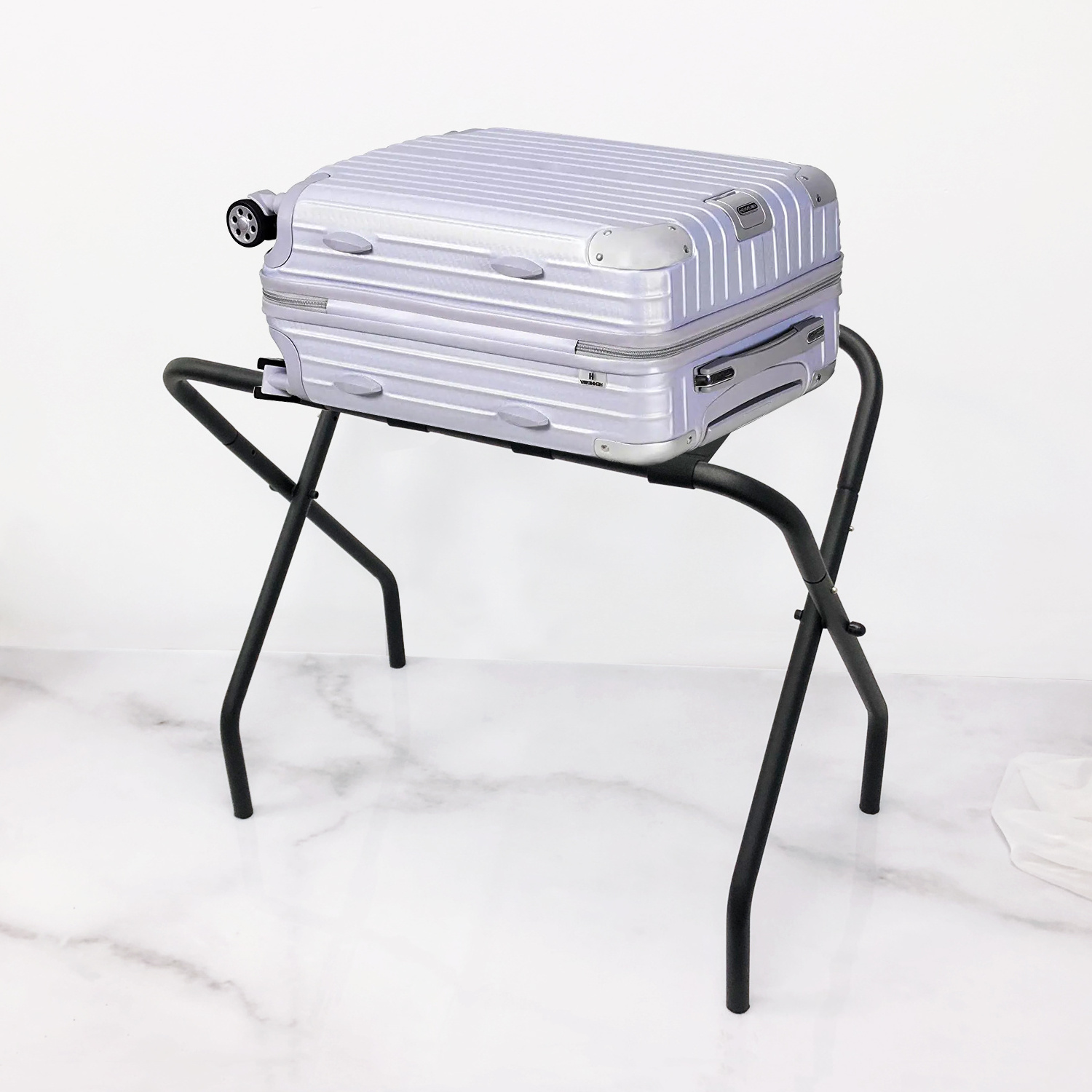 High Loading Capacity Folding Suitcase Baggage Stand with 4 Nylon Straps Hotel Metal Luggage Rack